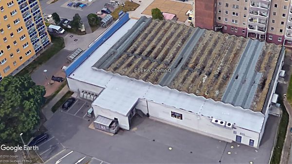 EDEKA-Markt (Goldbeck Bielefeld), Chemnitz - Machbarkeitsstudie der neu geplanten Dachkonstruktion von ROOF CONSULTING - Google Earth ©2018 Google, ©2009 GeoBasis-DE/BKG 