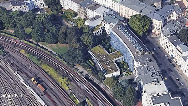 Pacific Haus, Hamburg (Holzdamm) - Planung und Baubegleitung der Dachsanierung und neue Begrünung - Google Earth - ©2018 Google, ©2009 GeoBasis-DE/BKG